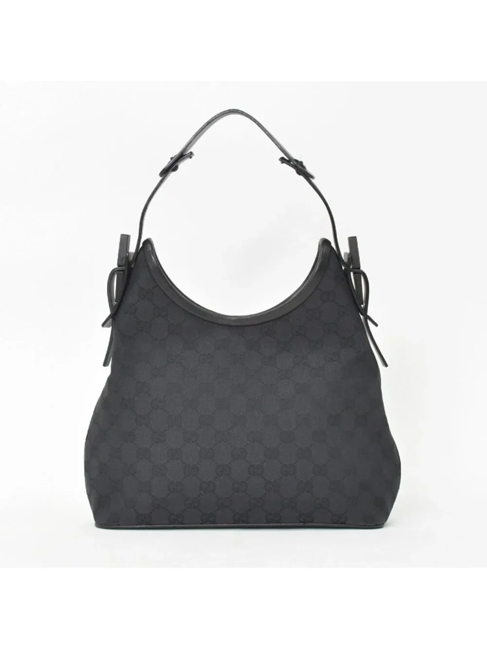 Gucci Hobo Handbag GG Canvas Leather Black Gold